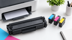 Stampante, toner e cartucce a colori su un piano di lavoro