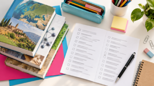 Libri scolastici e lista da controllare con penna e materiale per la scuola