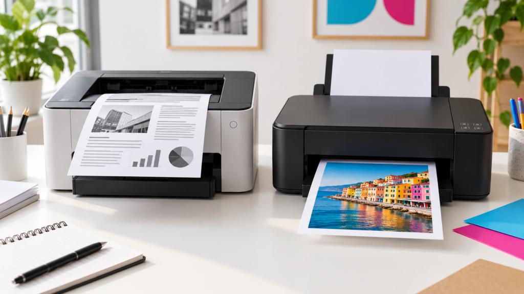 Stampante laser con documento e stampante inkjet con immagine a colori