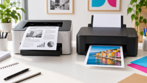 Stampante laser con documento e stampante inkjet con immagine a colori