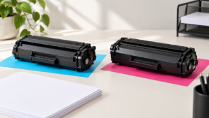 Due toner senza marchio su fondi ciano e magenta