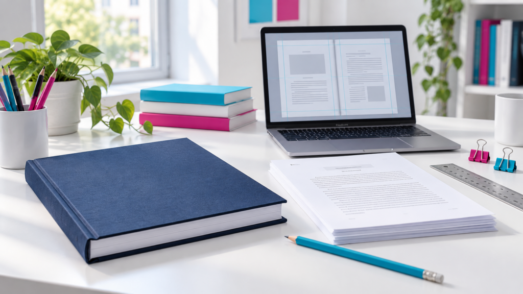 Tesi rilegata e pagine stampate accanto a un portatile con layout del documento