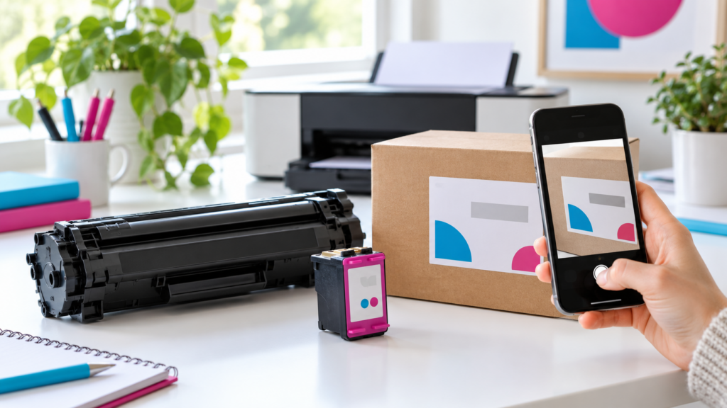 Cartuccia e toner accanto alla stampante mentre si fotografa la confezione